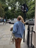 Autumn women's casual vacation lazy style striped blue shirt shorts set