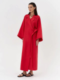Autumn winter women's cotton linen dress lazy casual loose robe lapel tie long coat