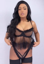 Lace mesh see-through bowknot details sexy lingerie two-piece set