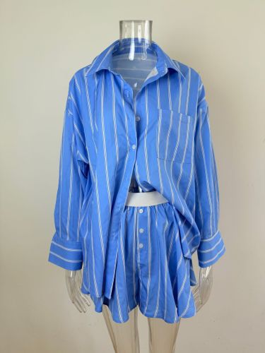 Autumn women's casual vacation lazy style striped blue shirt shorts set