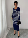 Autumn winter women's elegant striped long-sleeved knitted maxi dress