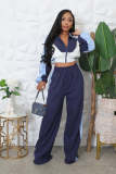 Women sporty contrast color long sleeved long trousers tracksuit