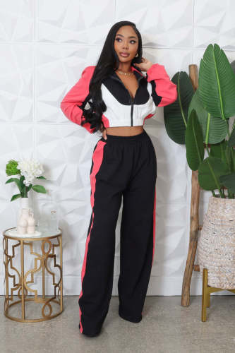 Women sporty contrast color long sleeved long trousers tracksuit