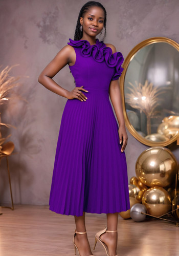 One-shoulder high waist dress banquet pleated party dress