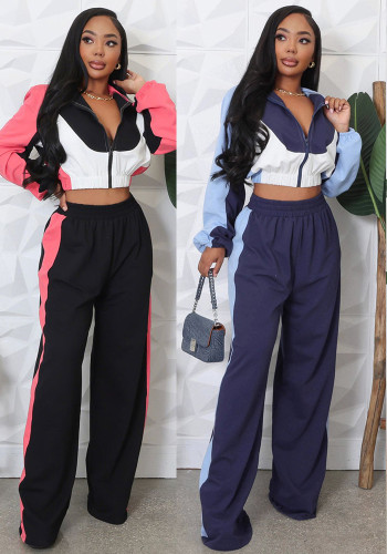 Women sporty contrast color long sleeved long trousers tracksuit