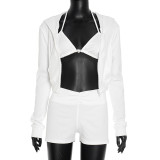 Women's sexy triangle cup hooded long-sleeved jacket and shorts three-piece suit