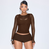 Sexy vest mesh long-sleeved top tight shorts calf set four-piece set