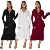 Autumn Women's V-neck solid color long dress single-breasted long-sleeved dress