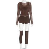 Sexy vest mesh long-sleeved top tight shorts calf set four-piece set