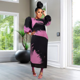 Women Formal Print Lantern Sleeve Pleated Dress