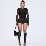 Sexy vest mesh long-sleeved top tight shorts calf set four-piece set
