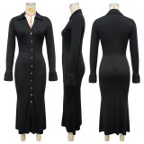 Autumn Women's V-neck solid color long dress single-breasted long-sleeved dress