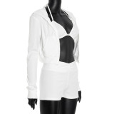 Women's sexy triangle cup hooded long-sleeved jacket and shorts three-piece suit