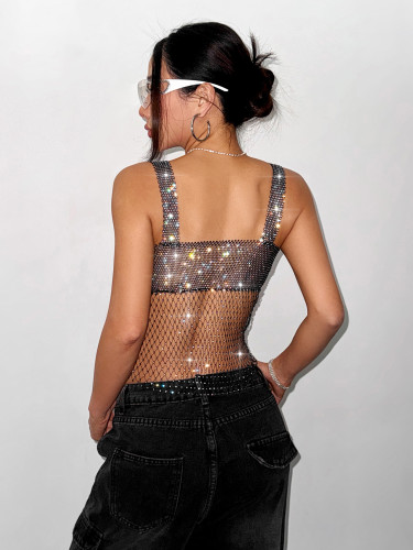 Sexy music festival top fishnet rhinestone elastic party vest