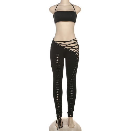 Solid color bandeau top lace-up leggings women two piece clothing set