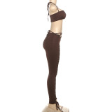Solid color bandeau top lace-up leggings women two piece clothing set
