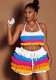 Colorful striped knitted halter neck crop top + ruffled shorts set
