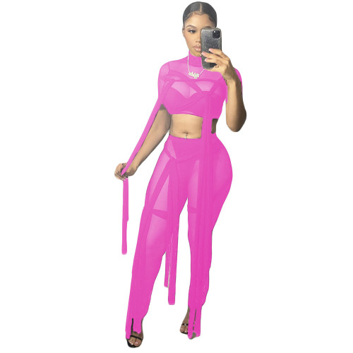 Women's Sexy Mesh See-Through Short Sleeve Crop Top Leggings Two-Piece  Set