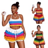 Colorful striped knitted halter neck crop top + ruffled shorts set