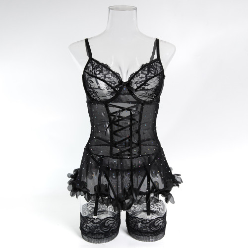 Three-piece glitter lingerie set with socks