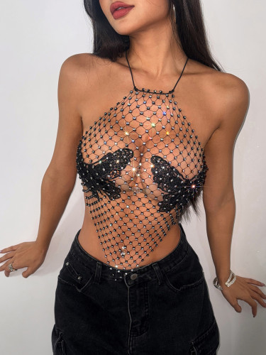 Sexy top fishnet rhinestones halter neck vest nightclub music festival wear