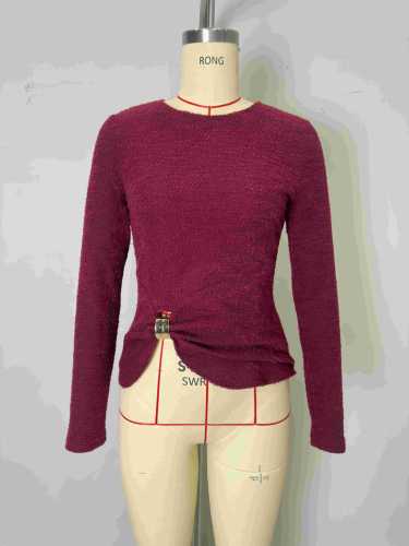 Autumn women's bottoming shirt solid color metal ring buckle pleated slim long sleeve top