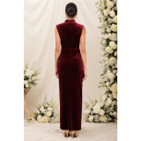 Sleeveless Velvet Evening Dress Women's Stand Collar Side Slit Slim Fit Long Dress