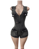 One-piece denim shorts slim-fit stretch jumpsuit