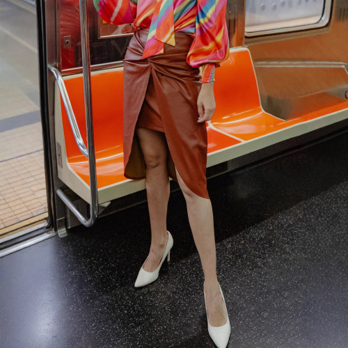 PU leather skirt pleated mid-length slit skirt sexy skirt for women