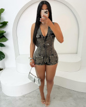 One-piece denim shorts slim-fit stretch jumpsuit