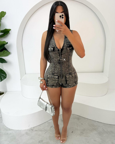 One-piece denim shorts slim-fit stretch jumpsuit