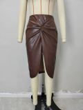 PU leather skirt pleated mid-length slit skirt sexy skirt for women
