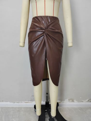 PU leather skirt pleated mid-length slit skirt sexy skirt for women