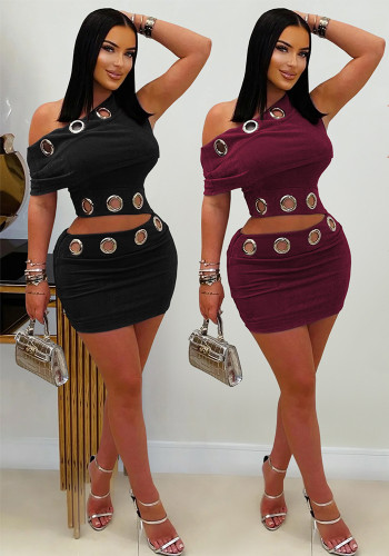 Women's Sexy Hollow Out Slash Shoulder Top Bodycon Mini Skirt Two-Piece Set
