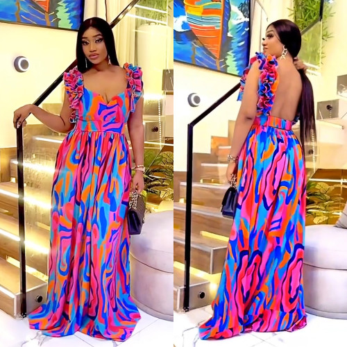 Women print sleeveless sexy backless long dress