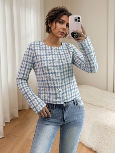 Autumn and winter french round collar light blue plaid tweed short coat