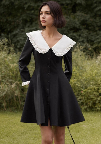 French black and white contrast color doll collar short women's elegant pleated A-line dress