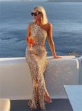 One-shoulder slit sequined gold elegant evening dress