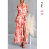 Printed Sexy V-Neck Halter Neck Long Ruffled Dress