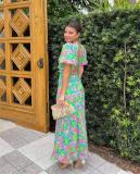 French style puff sleeve V-neck printed dress