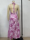 Printed Sexy V-Neck Halter Neck Long Ruffled Dress