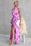 Printed Sexy V-Neck Halter Neck Long Ruffled Dress
