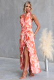 Printed Sexy V-Neck Halter Neck Long Ruffled Dress