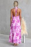 Printed Sexy V-Neck Halter Neck Long Ruffled Dress