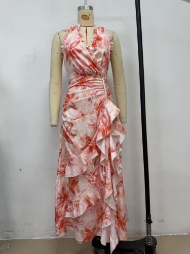 Printed Sexy V-Neck Halter Neck Long Ruffled Dress
