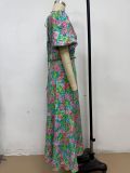 French style puff sleeve V-neck printed dress