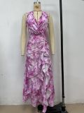 Printed Sexy V-Neck Halter Neck Long Ruffled Dress