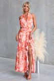 Printed Sexy V-Neck Halter Neck Long Ruffled Dress