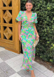 French style puff sleeve V-neck printed dress