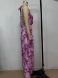 Printed Sexy V-Neck Halter Neck Long Ruffled Dress